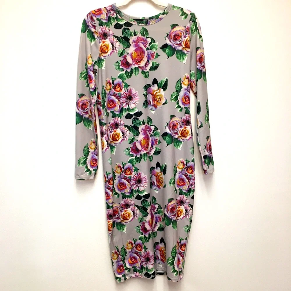 Zara Floral Stretch Bodycon Midi Dress Large Pink Stretch Casual Lounge